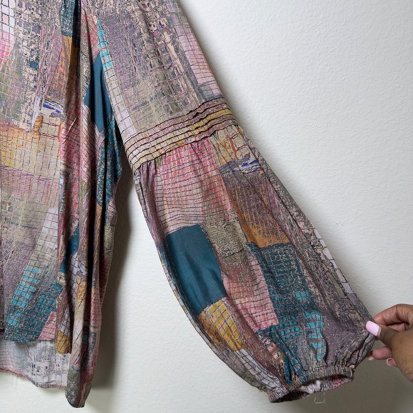 Tolani Collection Women Patchwork Peasant Blouse Large Multicolor Abstract Artsy - Picture 3 of 7